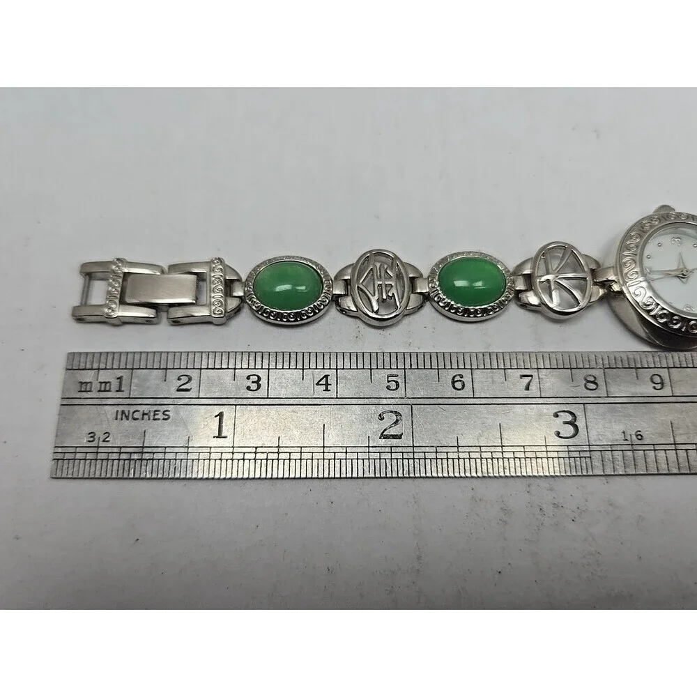 Avon Green Cabochon Oval Link Bracelet Watch Silver Tone Quartz New Battery